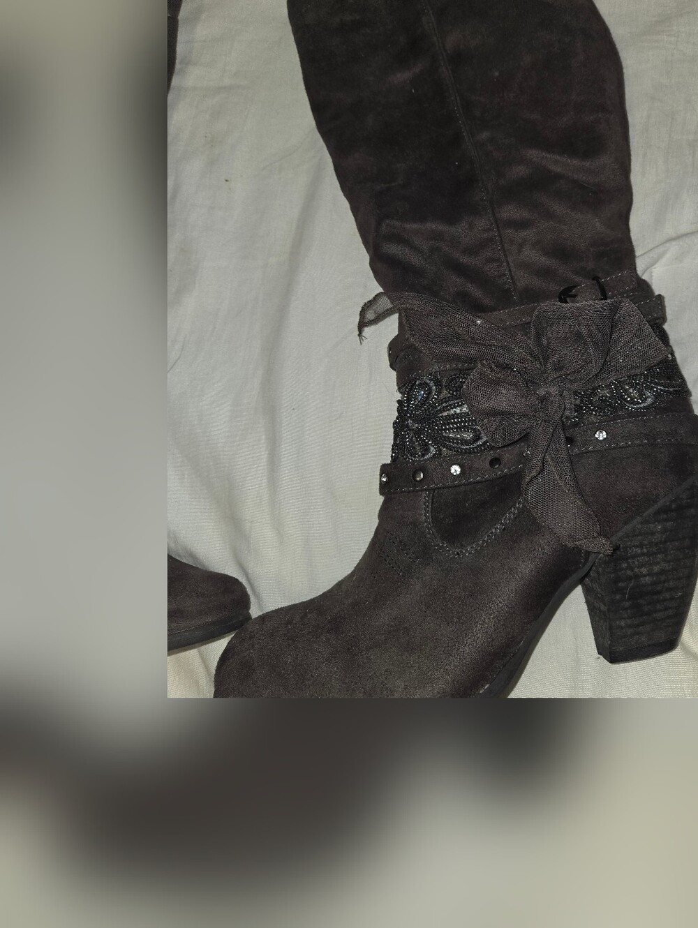 NWOT Women's Dark Gray Suede Mid-Calf Heeled Boots with Decorative Tie